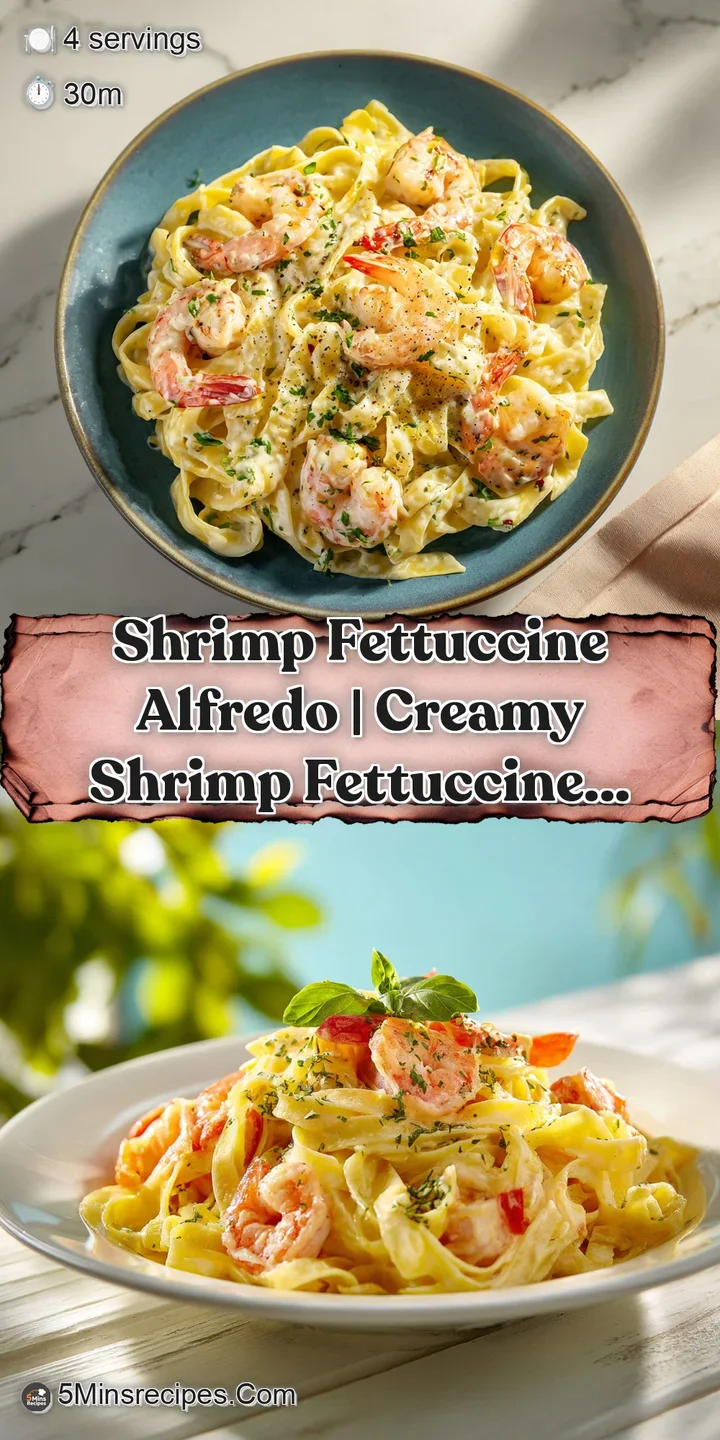 Close-up of tender, pan-seared shrimp nestled in thick, luscious Alfredo sauce clinging to fettuccine strands.