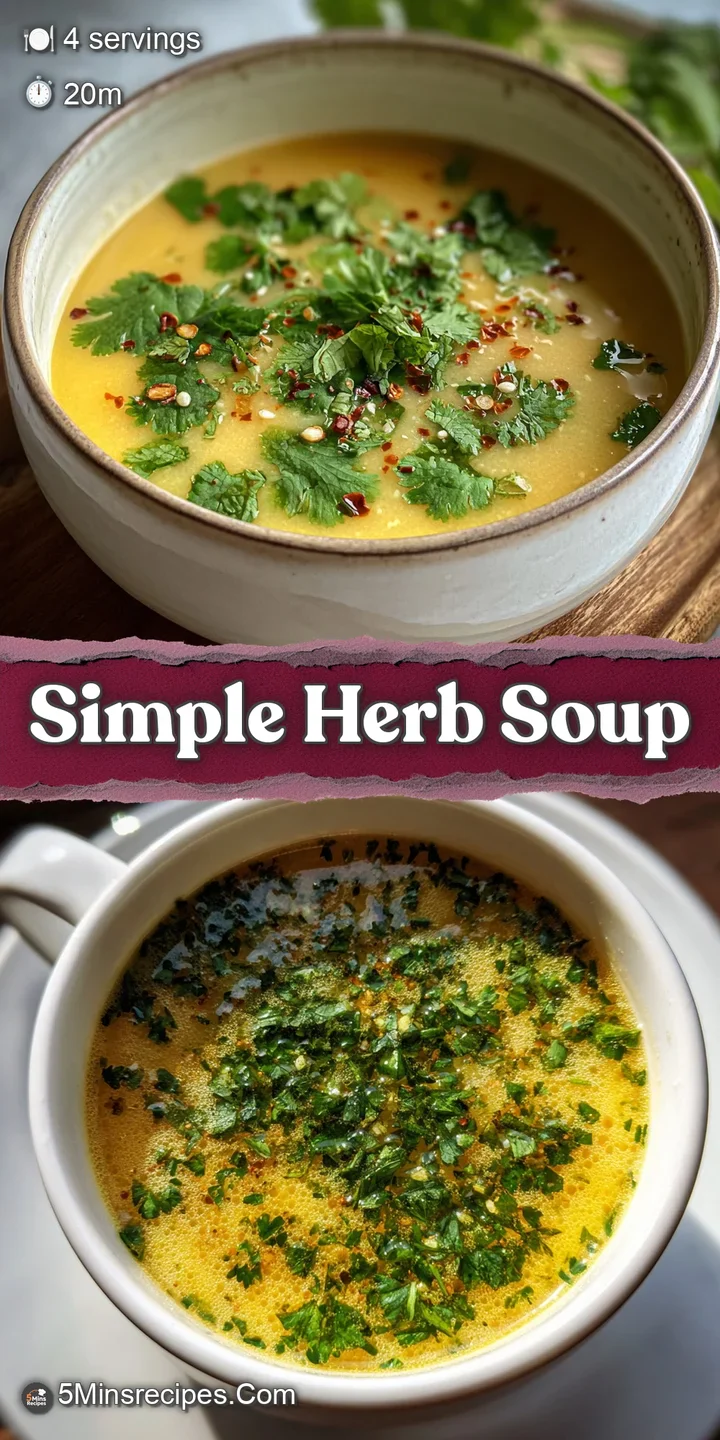 Close-up of glistening, aromatic soup, with vibrant herbs and golden garlic oil, ready to eat with a spoon in the frame.