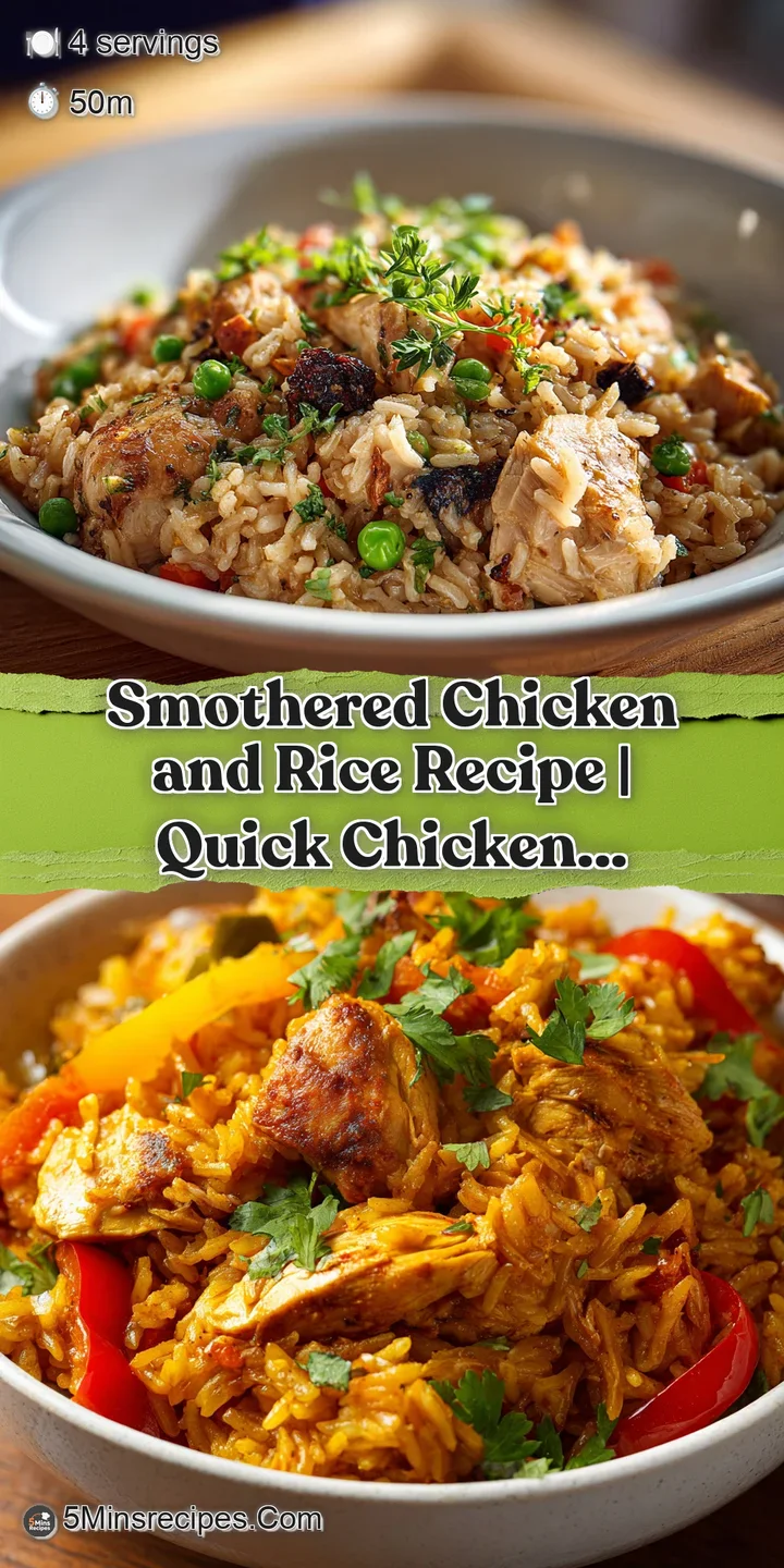 Close-up of smothered chicken; tender chicken pieces coated in a rich, velvety sauce, glistening and inviting, served over...