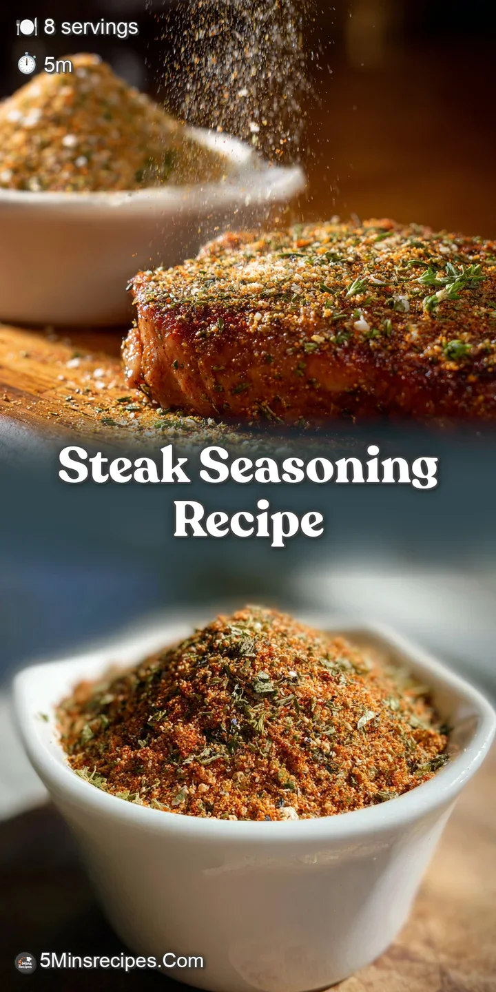 Up-close, textured view of homemade steak seasoning, showing off the dried herbs and coarsely ground peppercorns and salt.