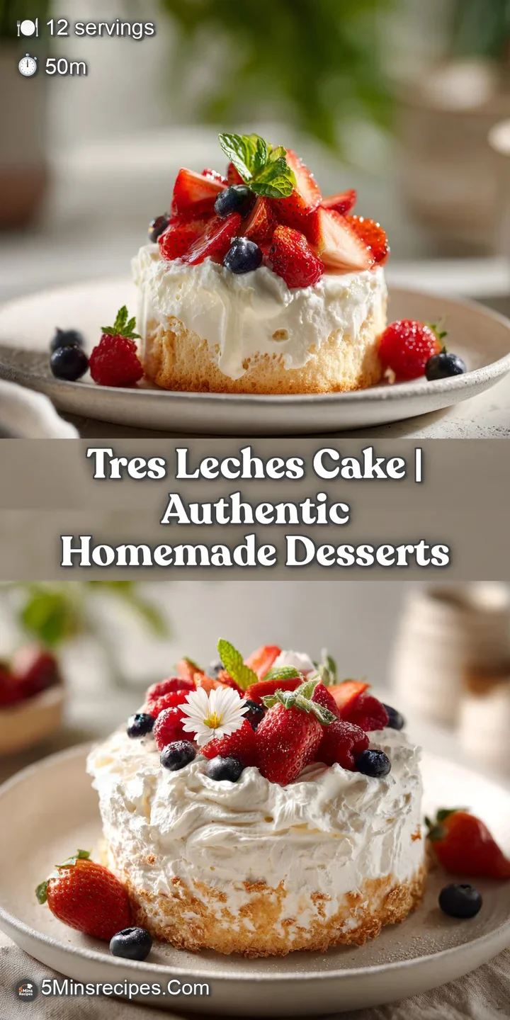 Close-up of moist Tres Leches cake sponge, visibly soaking up milky liquid, with a smooth whipped cream topping.
