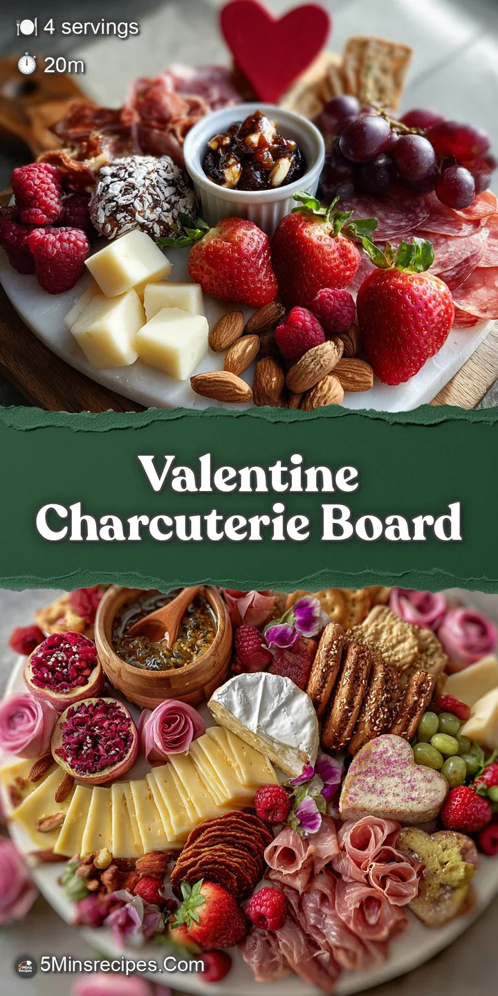 A close view of a heart shaped cheese, salami rose and fresh strawberries on a Valentine's Day charcuterie board. Festive ...
