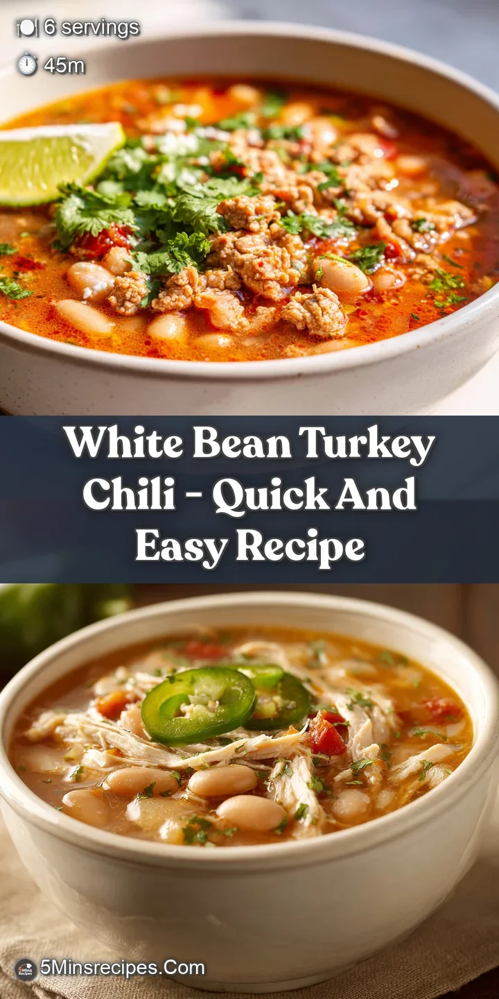 Close-up of white bean turkey chili, highlighting the tender turkey, plump beans, and glistening broth with flecks of fres...
