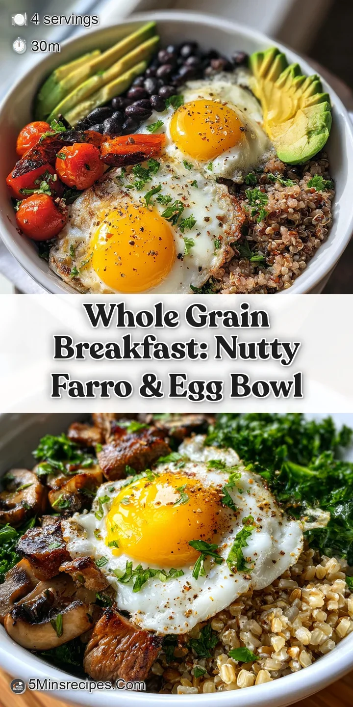 Close-up of a glistening fried egg with a vibrant orange yolk, resting on a bed of nutty farro and fresh, leafy greens.