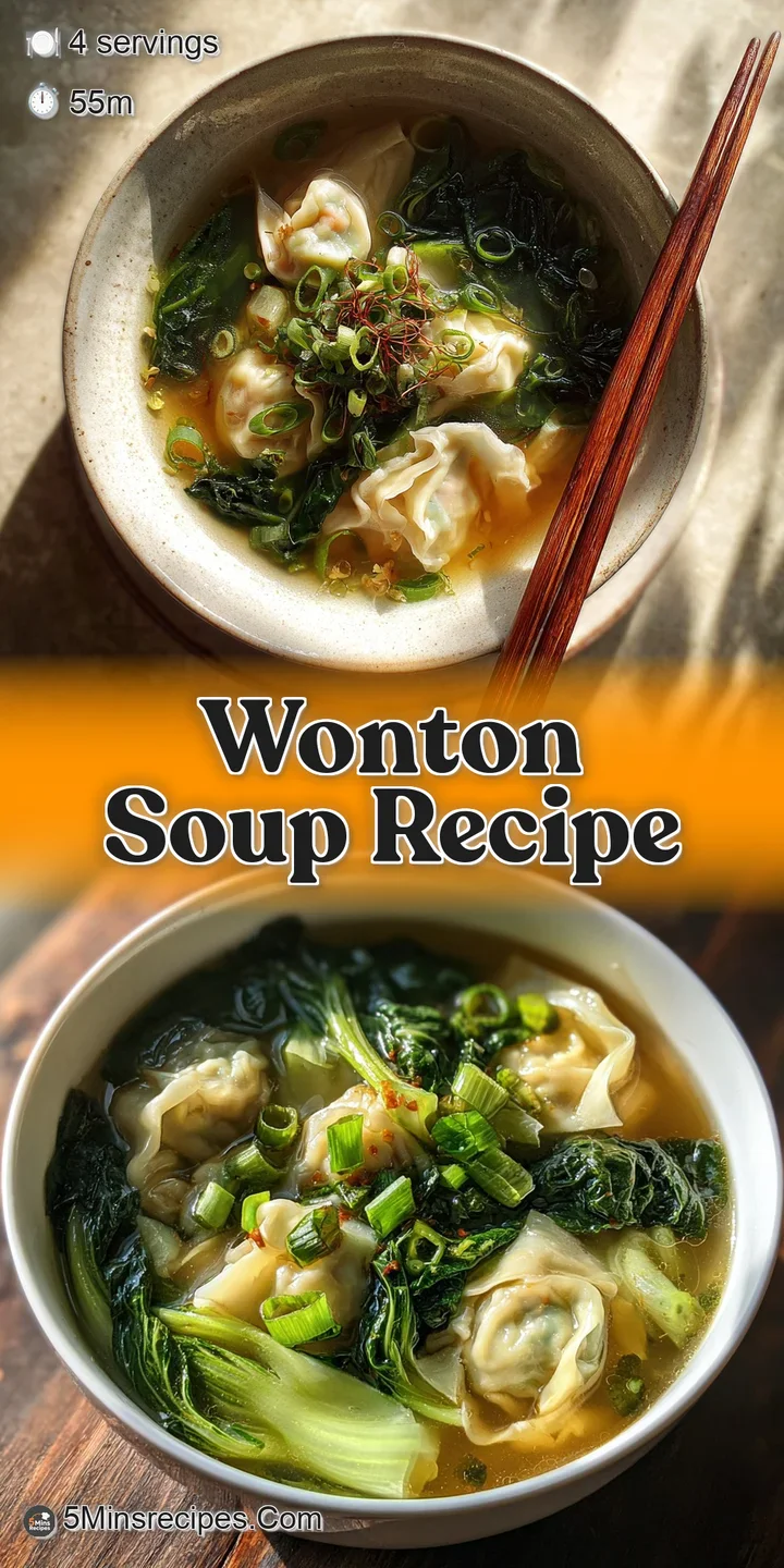 Close-up of tender wontons swimming in flavorful broth, dotted with chili flakes. Steam rises, hinting at a comforting war...