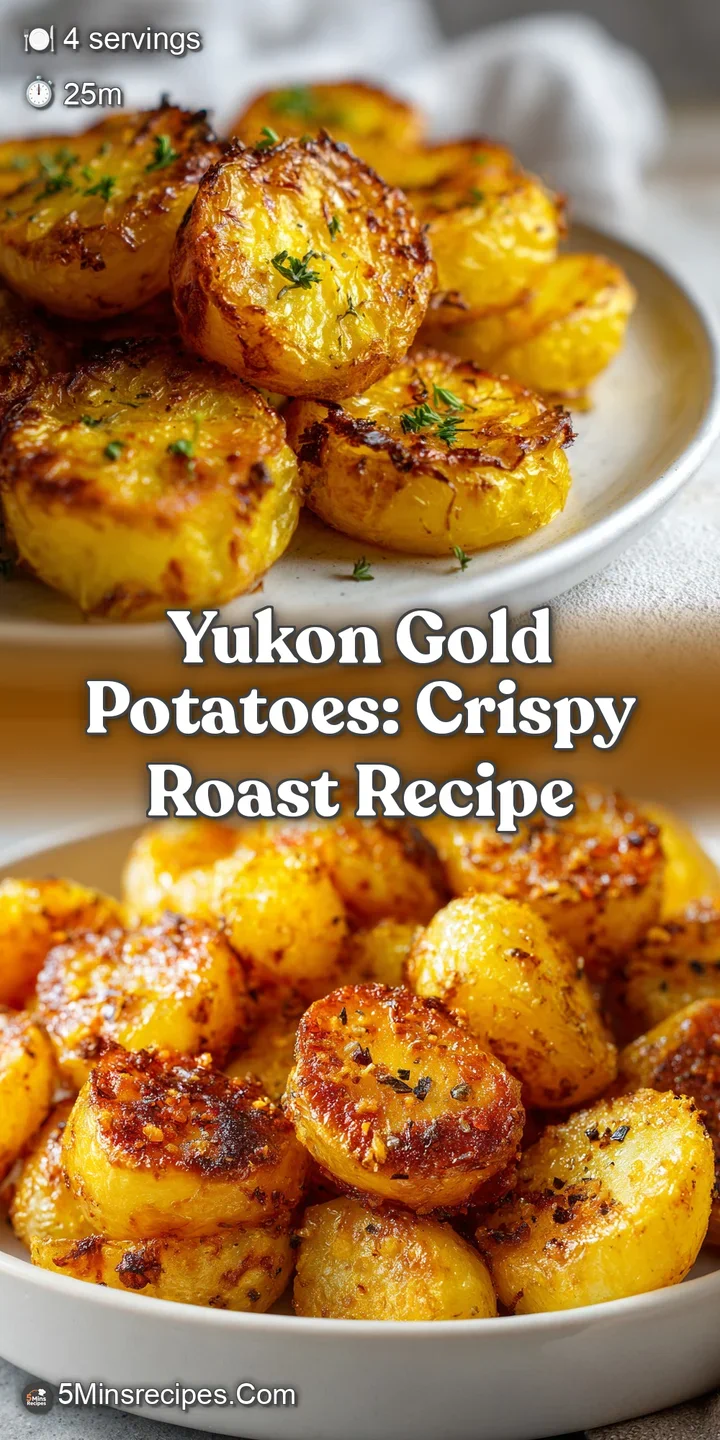 Close-up shows a cluster of roasted Yukon Gold potatoes, showcasing their crispy, slightly wrinkled skin and soft, fluffy ...