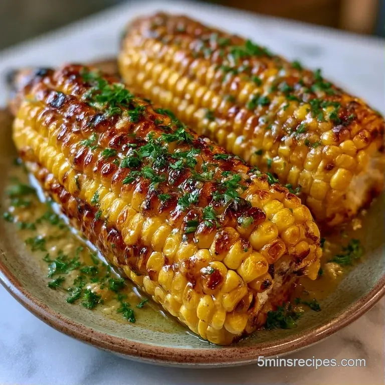 Charred yellow corn cobs arranged on a ceramic plate, drizzled with garlic butter and sprinkled with fresh herbs.