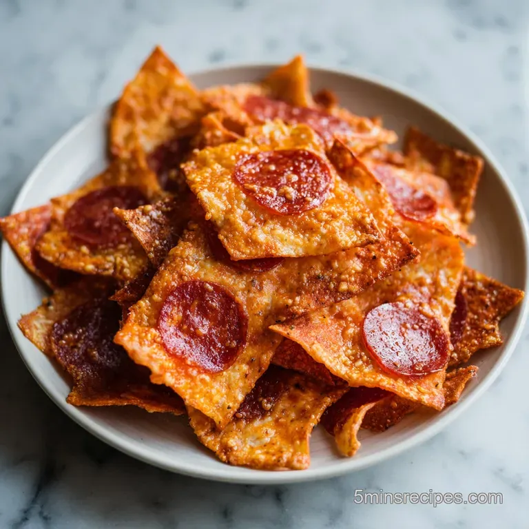 Delicate pizza chip stack with a rich red sauce base and scattered, savory pepperoni slices.