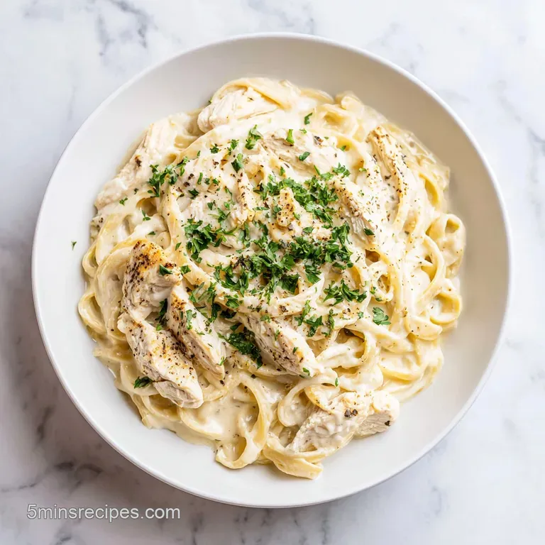 Elegant serving of creamy chicken Alfredo, plated with a sprinkle of Parmesan and cracked pepper, hinting at its rich text...