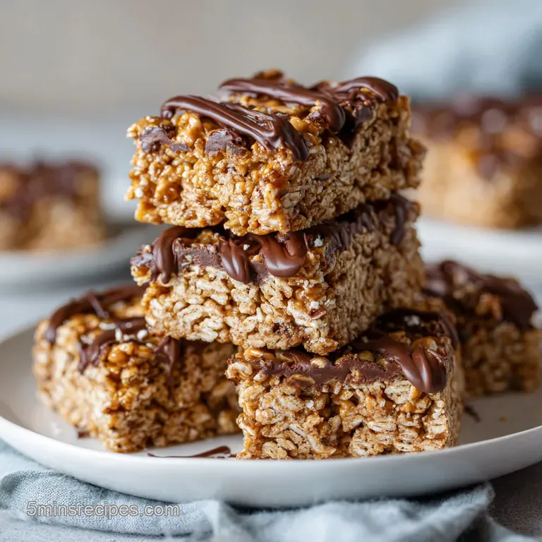 Cut granola bar on a rustic wooden board, with a drizzle of melted peanut butter and a few scattered oats.
