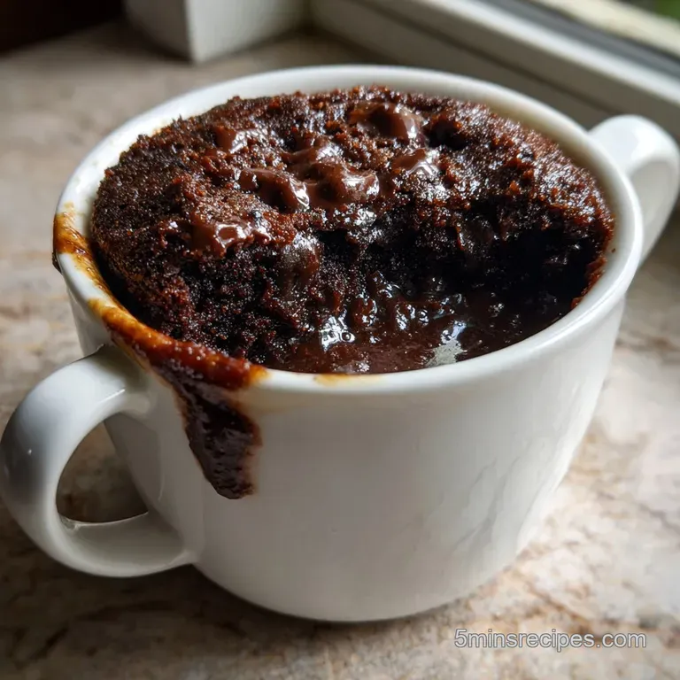 Single-serving cake in a stylish mug, garnished with a swirl of whipped cream and chocolate shavings; elegant presentation.