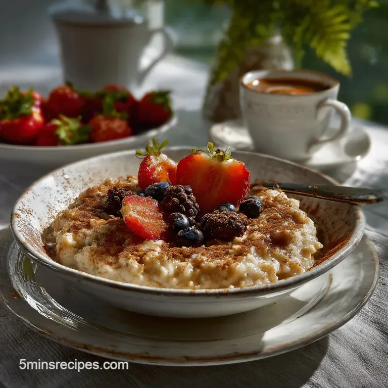 Elegant white bowl filled with glistening oatmeal, garnished with a cinnamon stick and a drizzle of maple syrup. Simple an...