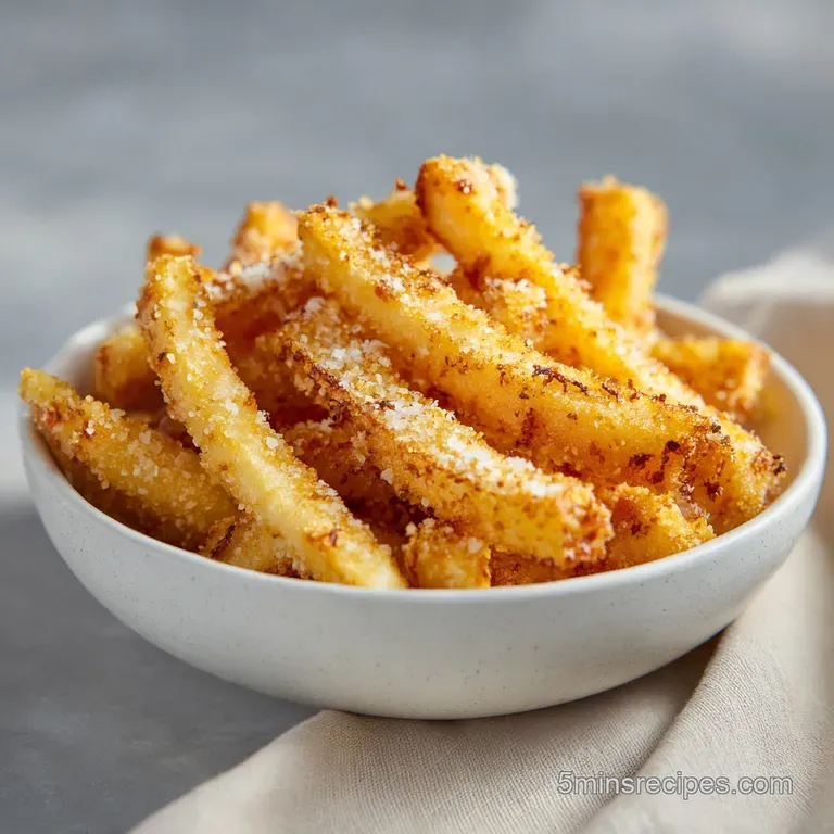 A neat stack of warm, cinnamon-sugar dusted apple fries served with a small bowl of dipping sauce.