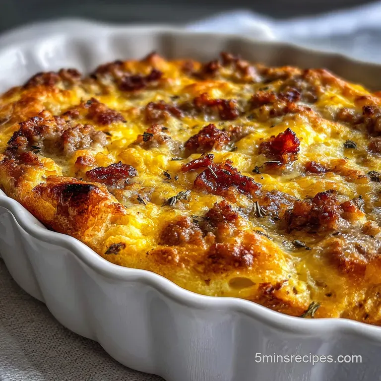 Square slice of Amish breakfast casserole on white plate. Fluffy eggs, melted cheese, and savory sausage create a hearty, ...