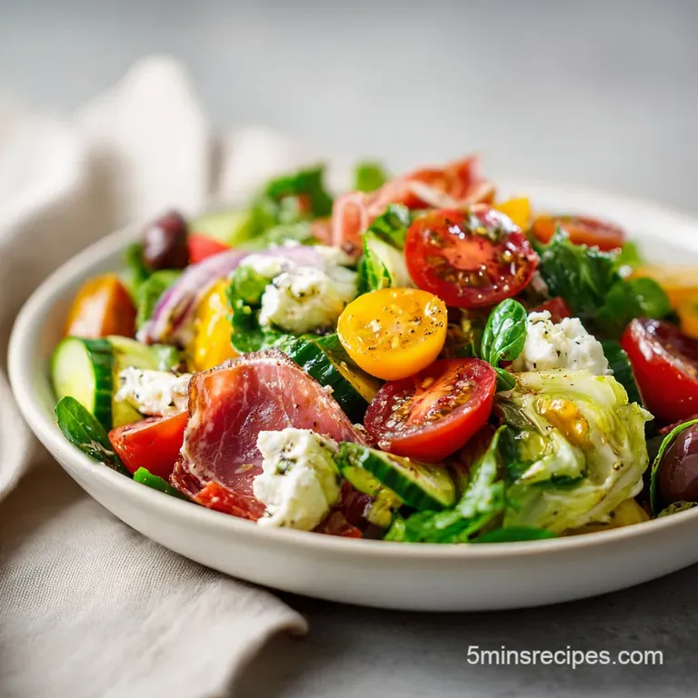 Artfully arranged antipasto salad on a white plate, showcasing the bright vegetables, cheeses, and glistening cured meats.
