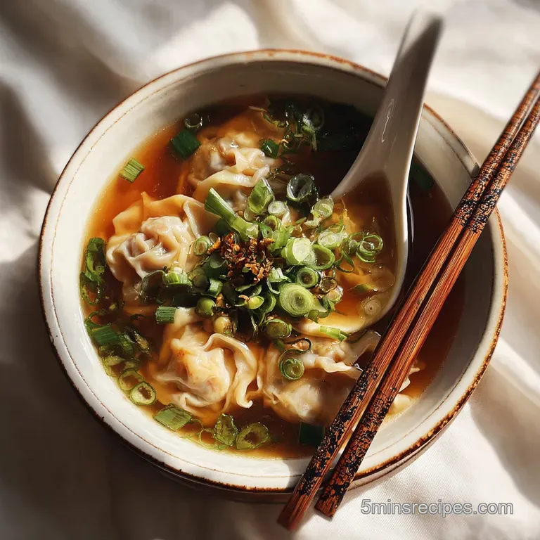 Steaming bowl of wonton soup with artful scallion garnish. The savory broth glistens invitingly against the white ceramic.