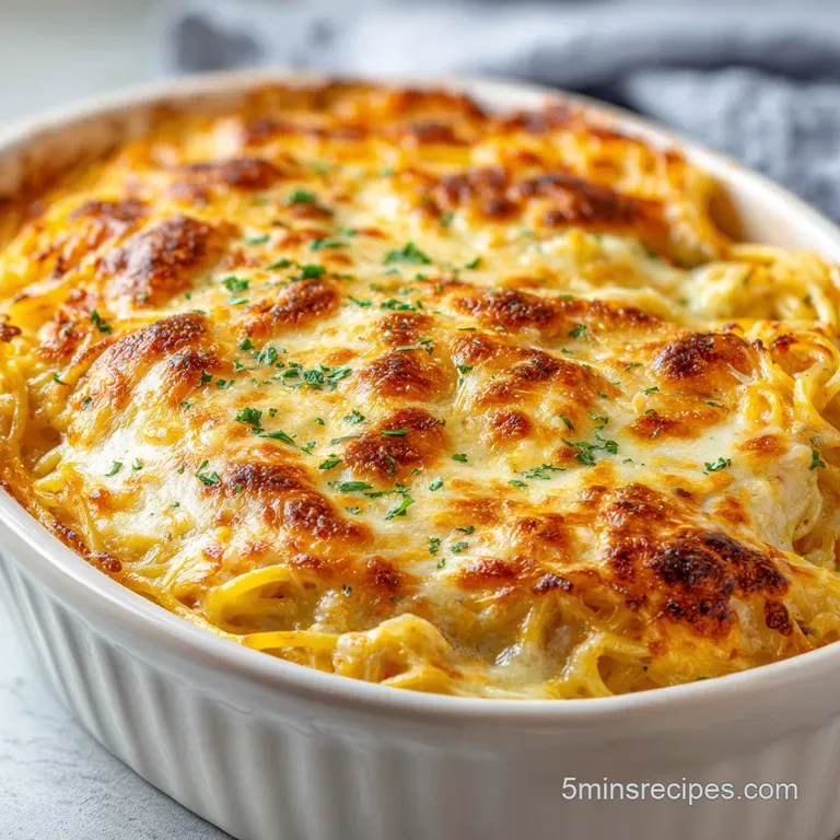 Creamy spaghetti with juicy chicken, topped with melted cheese, elegantly plated and garnished with fresh herbs.