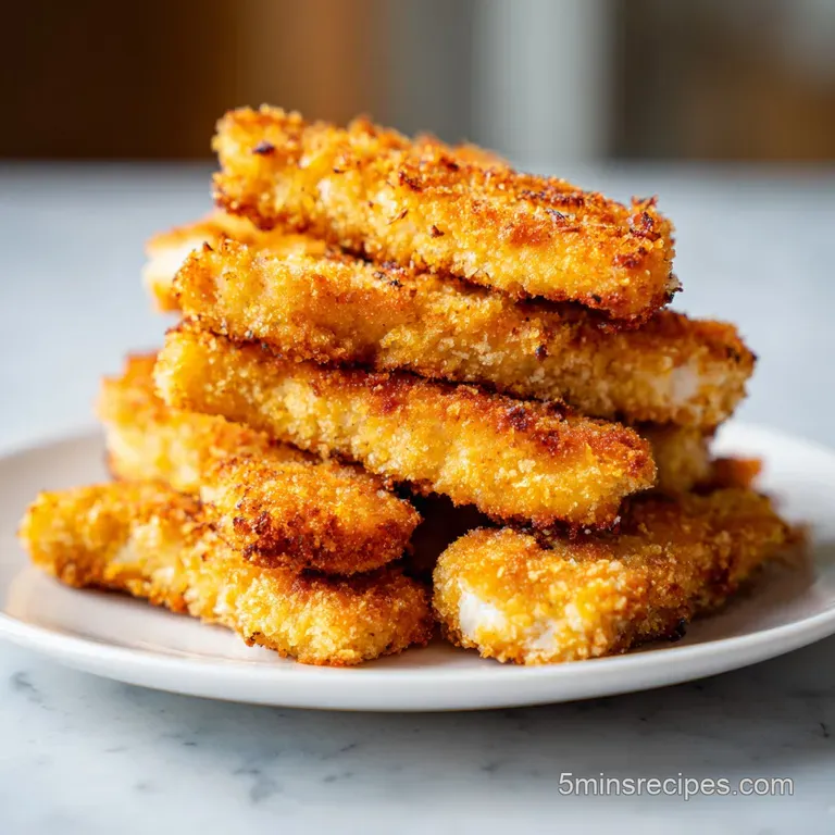Neatly stacked golden chicken strips on a slate board, garnished with fresh parsley and bright lemon wedges.