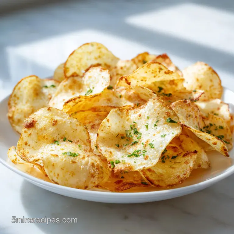 A rustic wooden bowl overflowing with thin, perfectly crisp baked potato chips, glistening with savory seasoning.