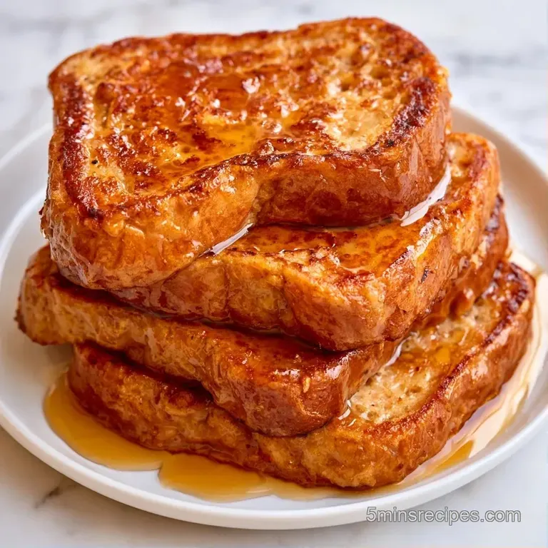 A stack of caramelized toast on a white ceramic plate, garnished with mint leaves and a dusting of powdered sugar.