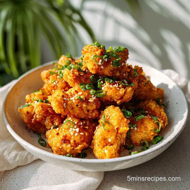 Elegant plate featuring crispy chicken pieces glistening with sauce, artfully arranged over rice with a sprinkle of fresh ...