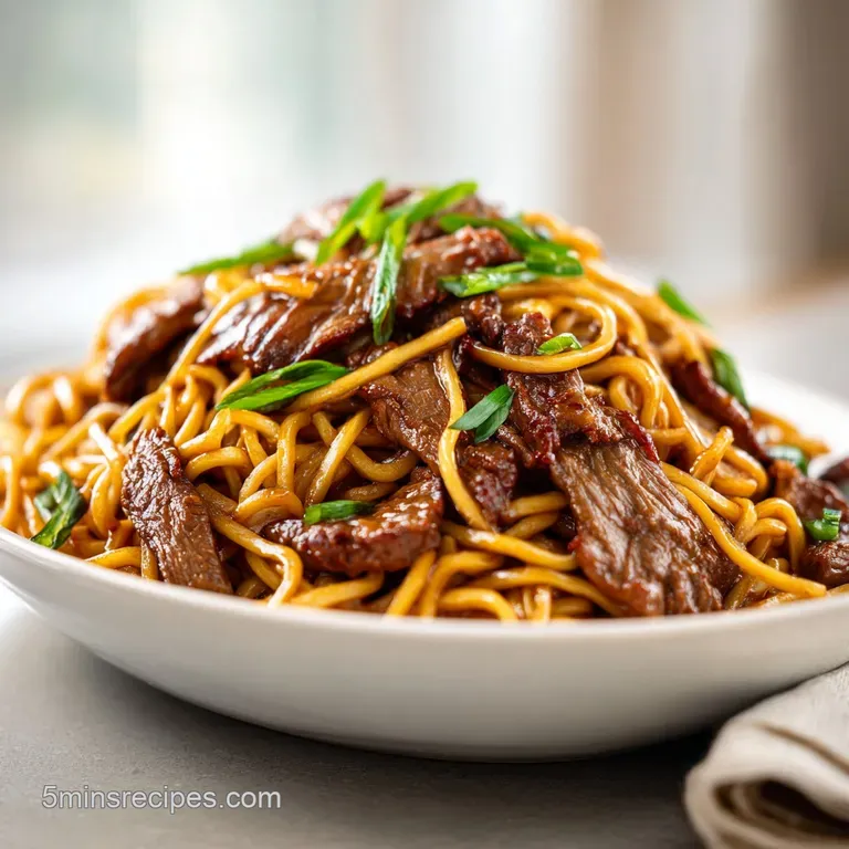 Stir-fried noodles and tender beef strips neatly plated in a white bowl with a sprinkle of bright green scallions.