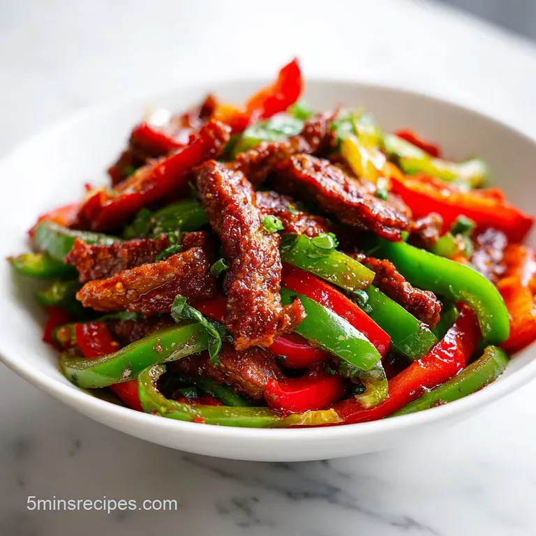 A clean white plate featuring seared beef strips and crisp, colorful peppers drizzled in a rich, shimmering glaze.