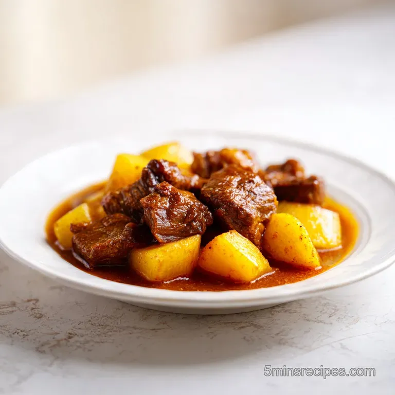 A deep ceramic bowl of chunky stew with bright carrots and peas, garnished with fresh parsley on a linen napkin.