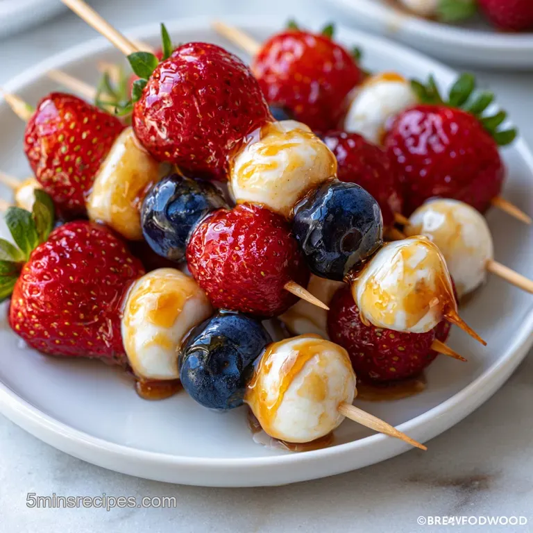 A row of colorful fruit skewers arranged on a white marble slab, garnished with fresh mint leaves and citrus zest.