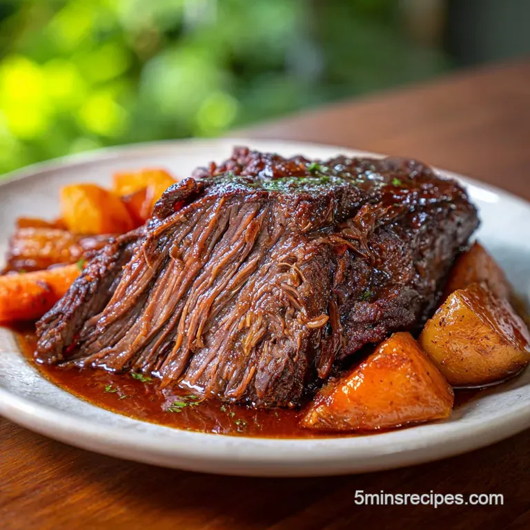 Plated roast beef with creamy mashed potatoes, bright green peas, and a generous pour of savory, glistening gravy.