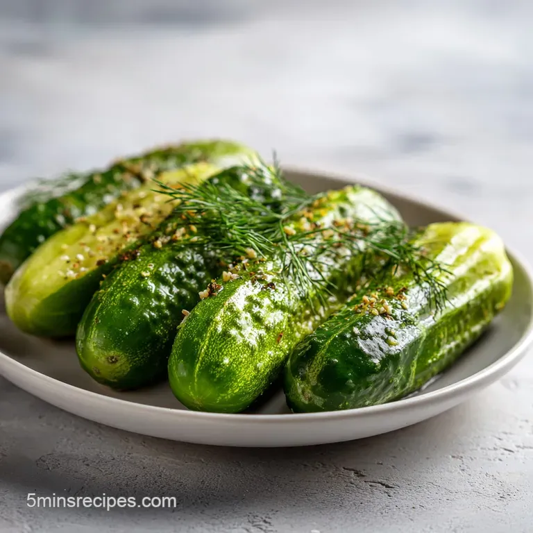 Plated dill pickles glistening with moisture. Their rough, bumpy skin promises a satisfying crunch alongside a juicy sandw...