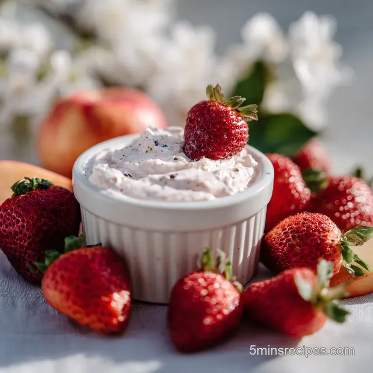 Elegant bowl of fluffy white fruit dip with artful arrangement of sliced strawberries and vibrant green grapes on a light ...