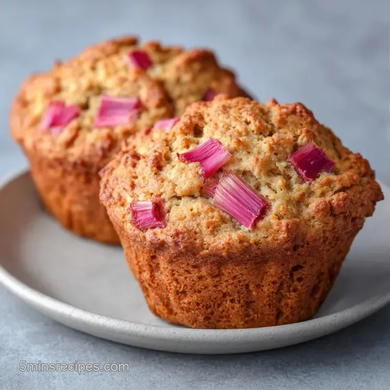 Three fluffy muffins arranged on a white ceramic platter with fresh rhubarb stalks and a linen napkin.