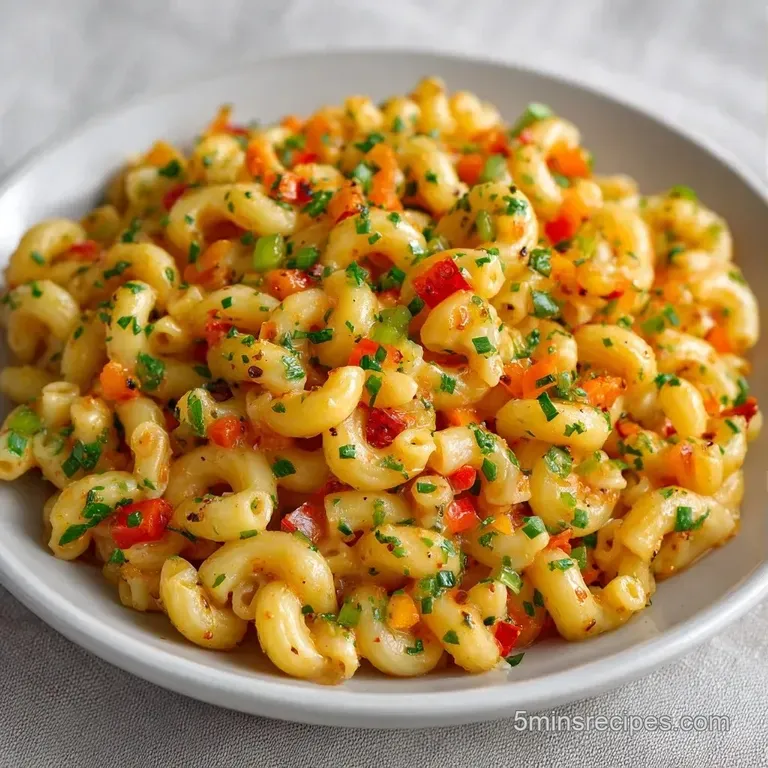 A heap of colorful rotini pasta tossed with bright vegetables and white feta in a wide, shallow white ceramic dish.