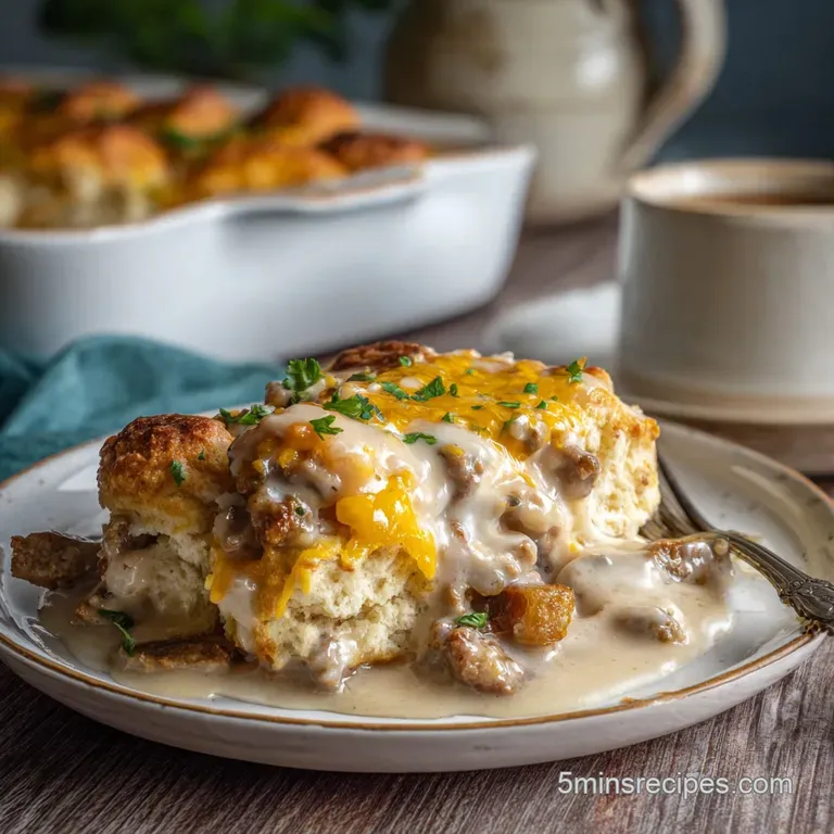 A slice of biscuit casserole with rich gravy cascading down, showing visible sausage bits, plated with a fork.