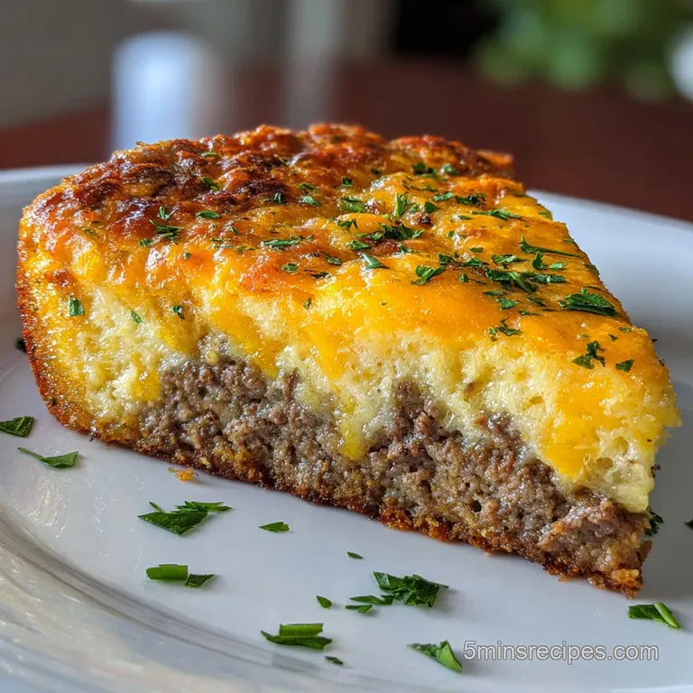 A slice of warm, savory cheeseburger pie with steam rising, showcasing layers of crust, beef, and gooey cheese.