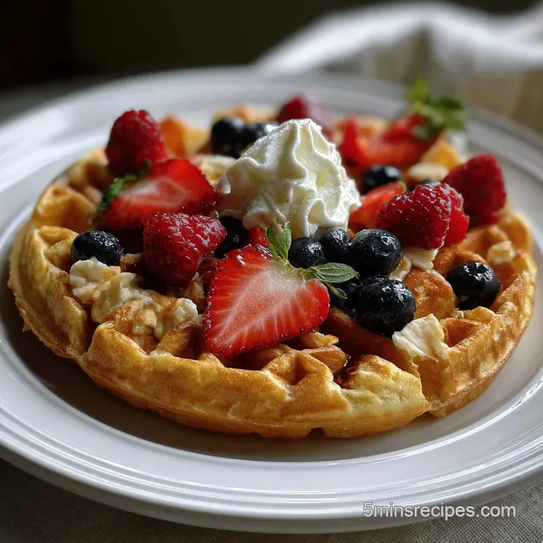 Two stacked waffles on a white plate. The waffles have a rich, golden color, contrasting with a vibrant berry compote and ...