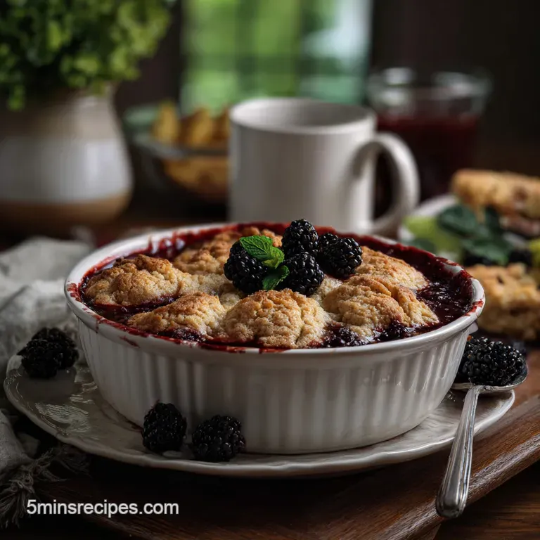 Individual ramekin of blackberry cobbler, steam rising. Golden crust edges contrast with the soft, juicy fruit filling. Su...