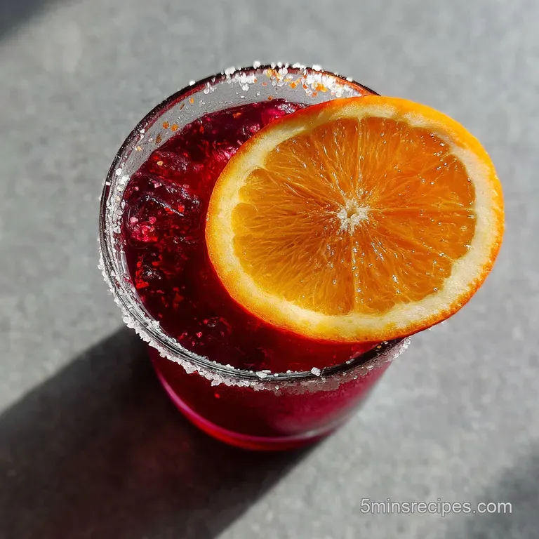 Chilled deep red cocktail in a salt-rimmed glass resting on a white marble surface with a fresh mint sprig.