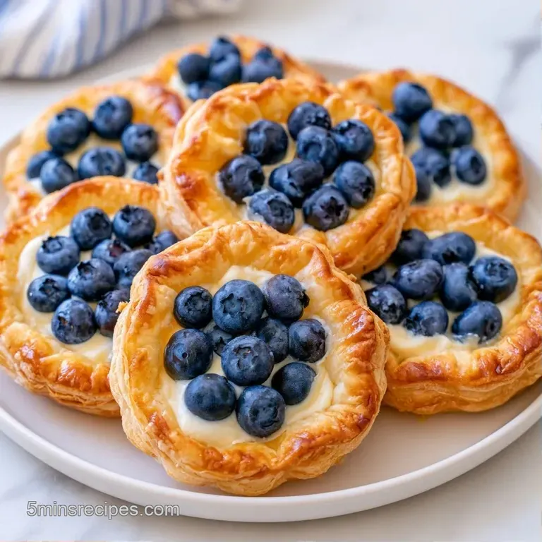 Miniature golden pastries topped with velvety white cream and vibrant purple berries arranged on a white ceramic plate.