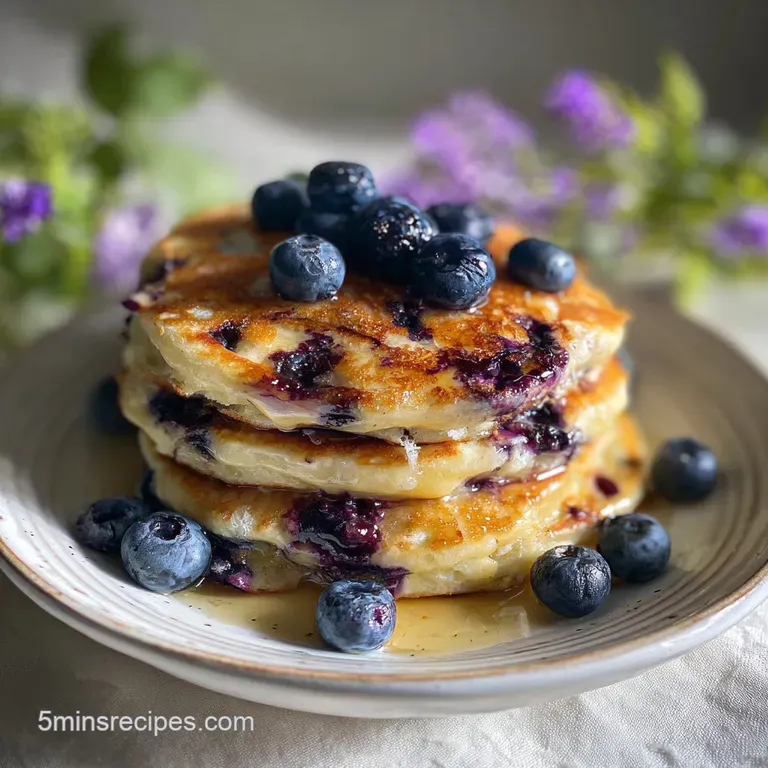 Elegant stack of blueberry pancakes. Topped with whipped cream, a drizzle of syrup, and a sprig of fresh mint. Warm, invit...