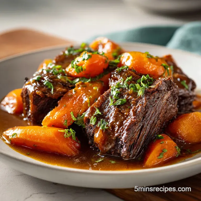 Elegant plating of slow-cooked meat over creamy white puree, garnished with a bright green herb sprig and rich jus.