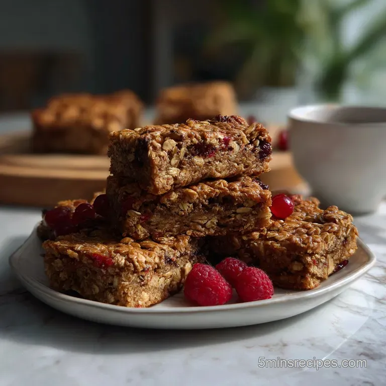 Neatly stacked no-bake bars on a wooden board, glistening with honey and topped with dried fruit, ready to be enjoyed.