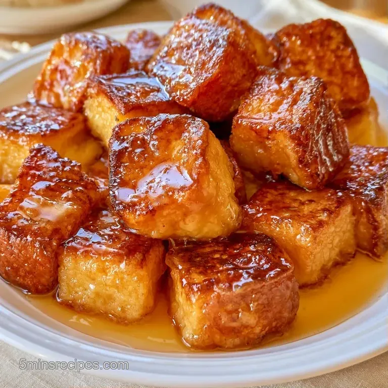 Square slice of golden-brown custard cake on a white plate, drizzled with amber syrup and topped with fresh berries.