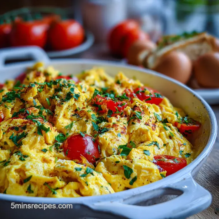 Individual plate with a mound of yellow scrambled eggs, crisp bacon strips, and a colorful mix of berries, suggesting a ta...