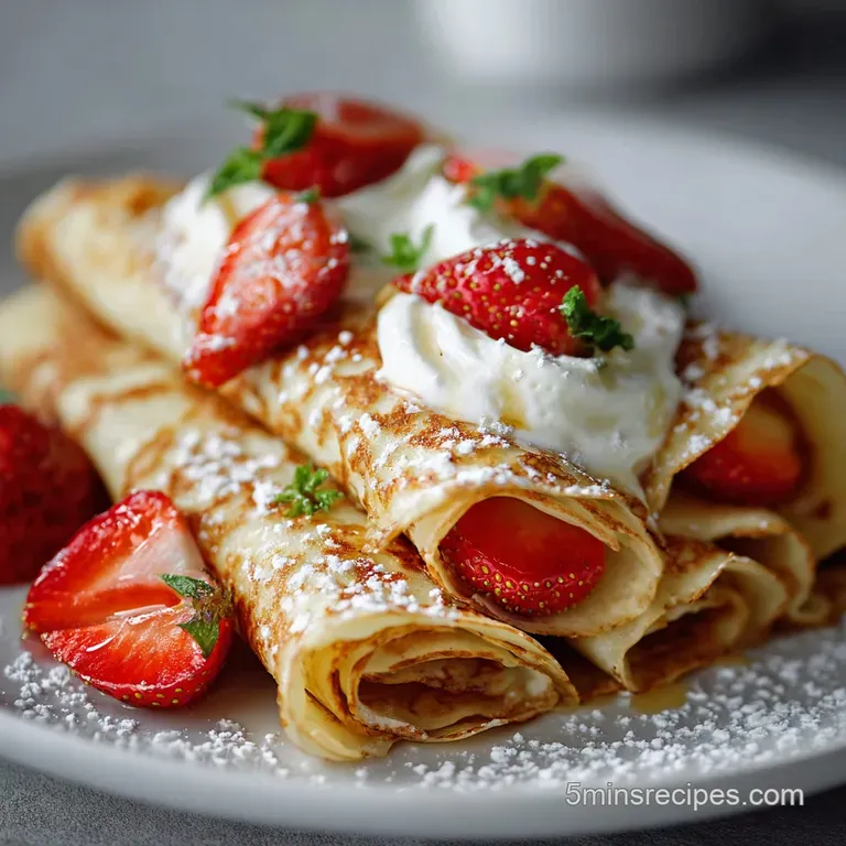Delicate crepe elegantly folded, filled with bright strawberries and rich cream. A dusting of cocoa powder adds a final to...