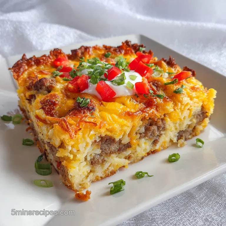 Slice of breakfast casserole on a plate, showcasing layers of fluffy egg, sausage, potatoes, and cheese, garnished with fr...