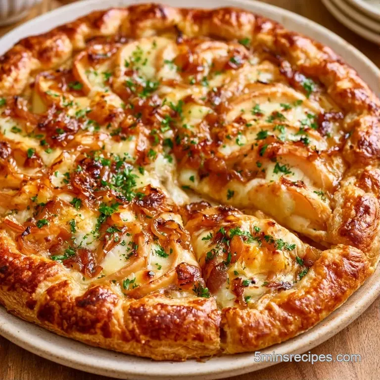 Sliced savory tart on a white ceramic plate, garnished with fresh thyme sprigs and a glossy drizzle of honey