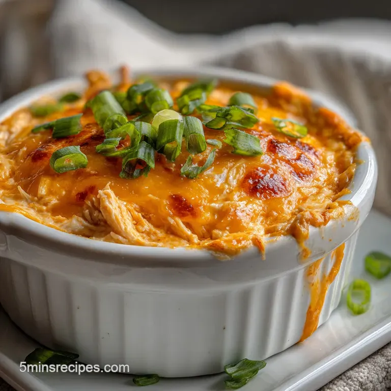 Scoops of rich, cheesy buffalo chicken dip on toasted baguette slices, garnished with fresh green chives and vibrant hot s...