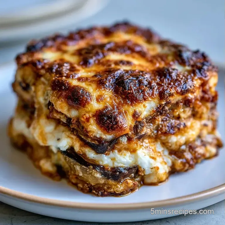 A precise square of layered vegetable bake with toasted cheese edges on a minimalist white ceramic dinner plate.